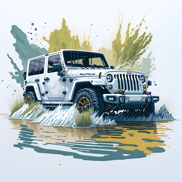 Een witte jeep met de plonswaterrivier