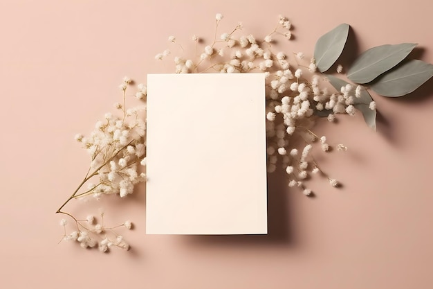 Een witte kaart met bloemen op een roze achtergrond