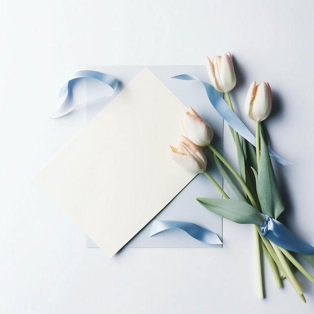 Een witte kaart met een blauw lint eromheen gebonden en een boeket bloemen.