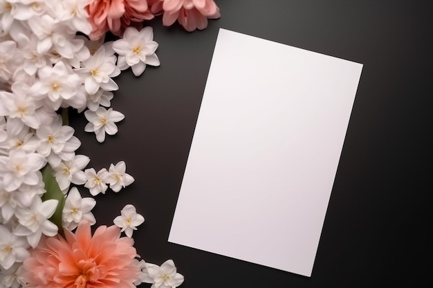 Een witte kaart met roze en witte bloemen op een zwarte achtergrond