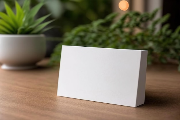 Een witte kaart op een houten tafel met een plant op de achtergrond.