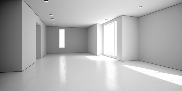Een witte kamer met een groot raam en een witte vloer.