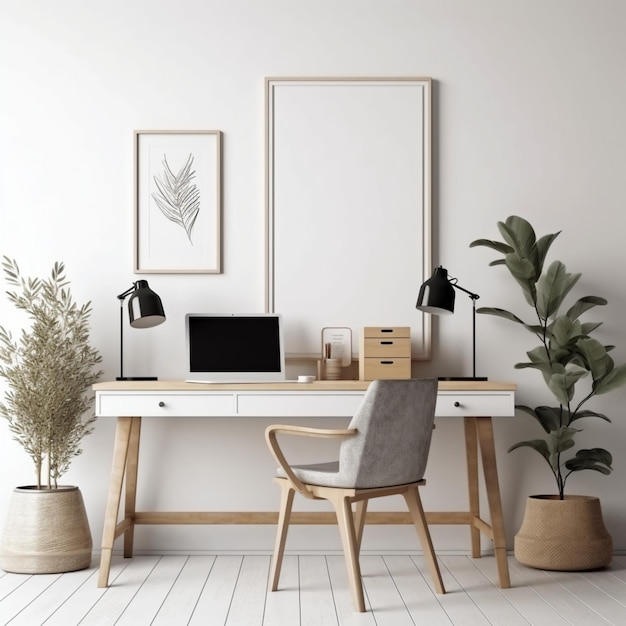 Een witte kamer met een houten bureau en een stoel en een plant aan de muur.