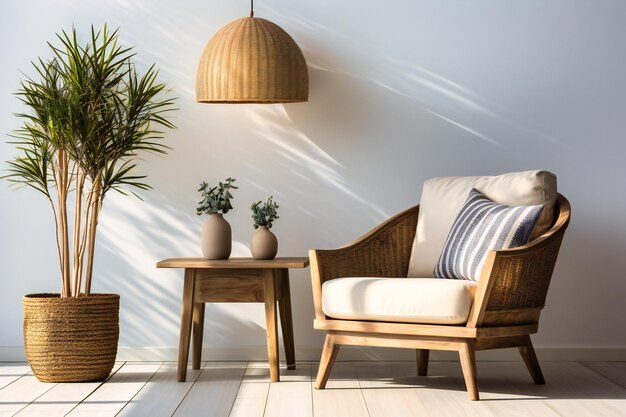 Een witte kamer met een lamp en meubels met planten
