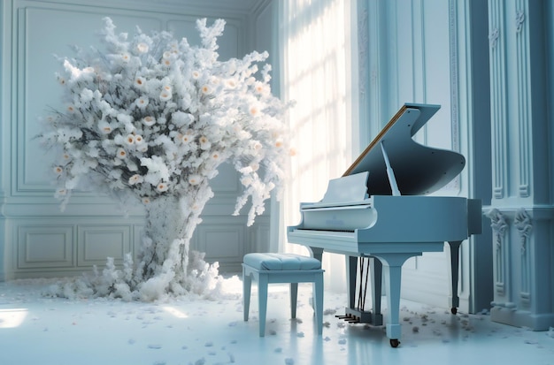 een witte kamer met een piano en witte bomen