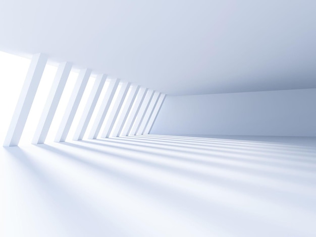 Een witte kamer met een rij ramen en een wit plafond waar licht langs de muur naar beneden valt