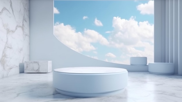 Een witte kamer met een ronde witte cirkel in het midden en een blauwe lucht met wolken op de achtergrond.