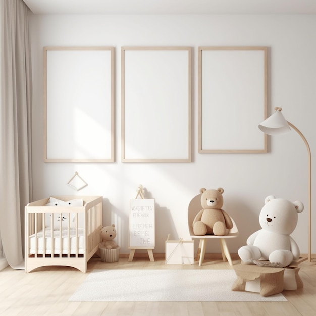 Een witte kamer met een teddybeer en een wieg met een wit laken waarop 'a' staat