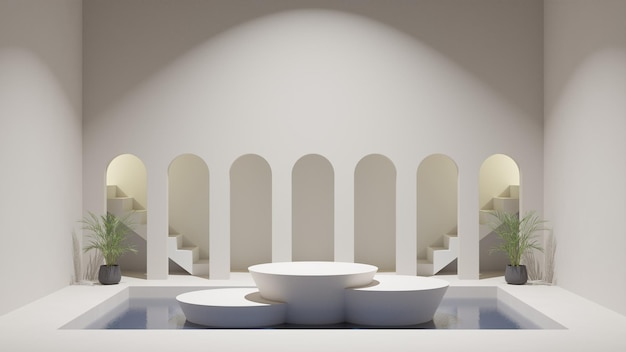 Een witte kamer met een witte muur en een witte tafel met witte tafels en stoelen.