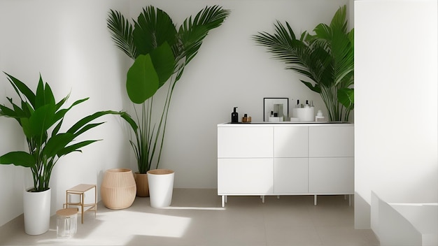 een witte kamer met tropische planten