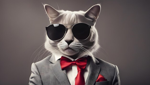 een witte kat die een pak draagt en een stropdas draagt met een zonnebril erop