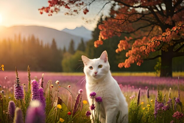 Een witte kat in een bloemenveld