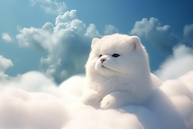Een witte kat in wolk met gegenereerde blauwe lucht ai