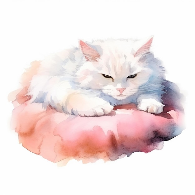 Een witte kat ligt op een kussen.