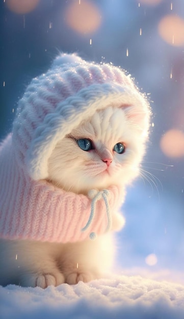Een witte kat met blauwe ogen en een roze hoed