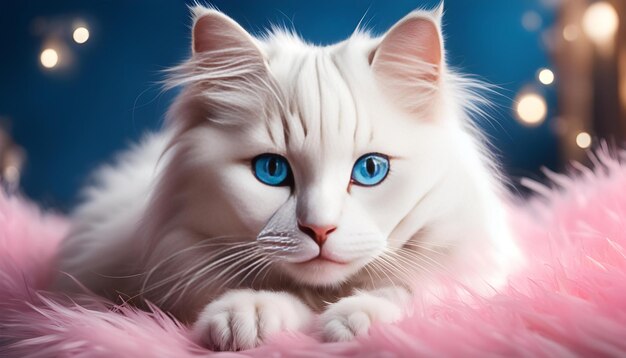 een witte kat met blauwe ogen en een roze neus