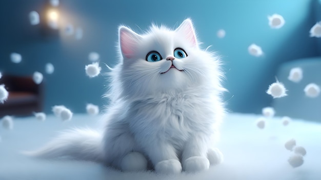 Een witte kat met blauwe ogen zit op een blauwe achtergrond.
