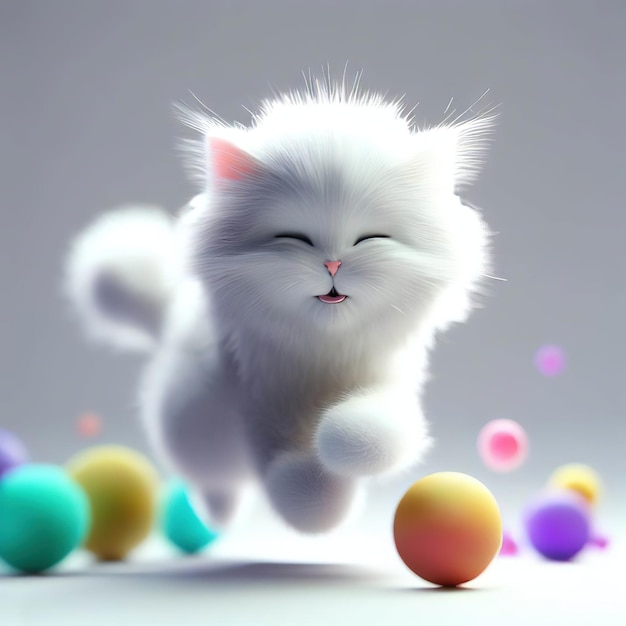 Een witte kat met een blauw oog rent met kleurrijke ballen op de achtergrond.