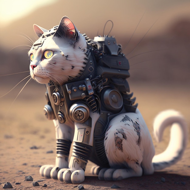 Een witte kat met een robotlichaam en een helm erop.