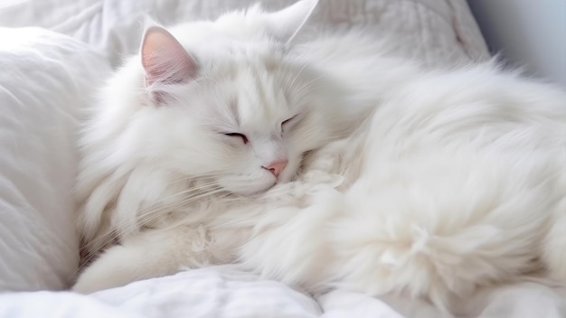 Een witte kat met een roze neus slaapt op een witte deken.