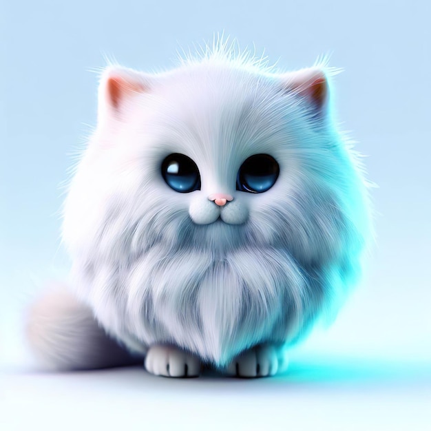 Een witte kat met grote ogen zit op een blauwe achtergrond.