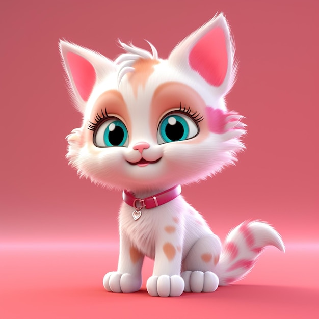 Een witte kat met roze ogen zit op een roze achtergrond