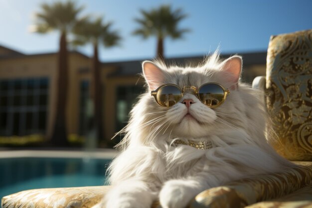 Een witte kat straalt zelfvertrouwen uit terwijl ze in een stoel bij het zwembad ligt met een stijlvolle zonnebril en een glanzende gouden ketting