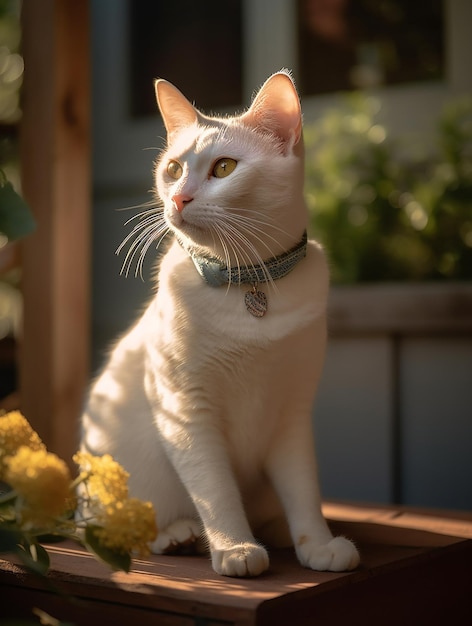 Een witte kat zit op een bankje voor wat bloemen.