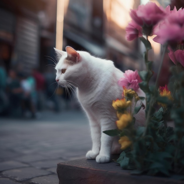 Een witte kat zit op een richel naast wat bloemen.