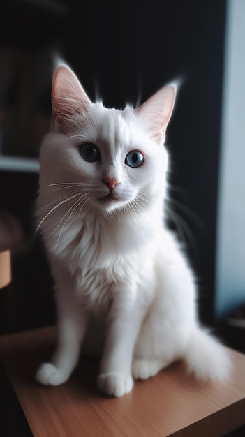 Een witte kat zit op een tafel voor een raam.