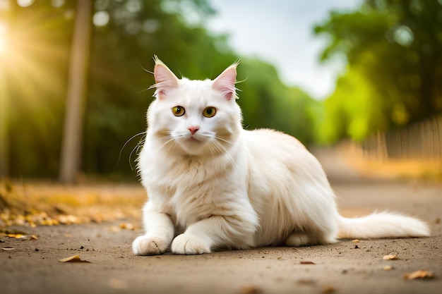 Een witte kat zit op een weg in het bos.