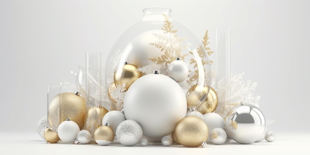 Een witte kerstbal omgeven door witte en gouden ornamenten.