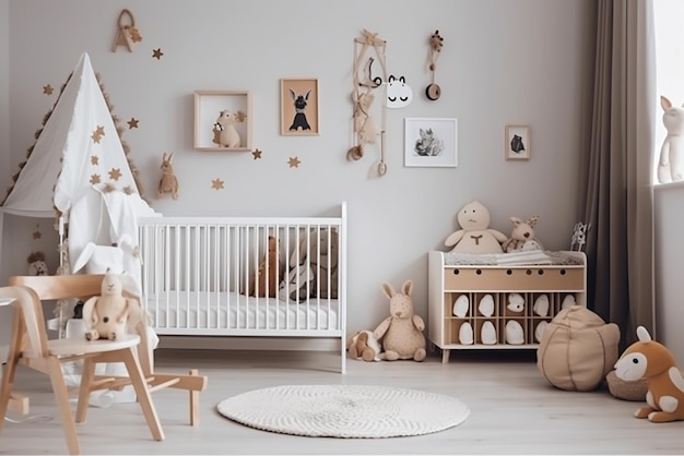 Een witte kinderkamer met een ledikant, een ledikant, een houten ledikant, een houten ledikant en een plank met speelgoed erop.