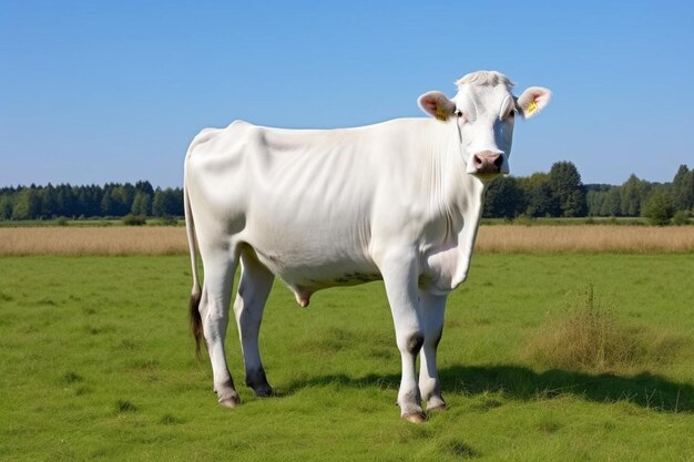 een witte koe die bovenop een weelderig groen veld staat