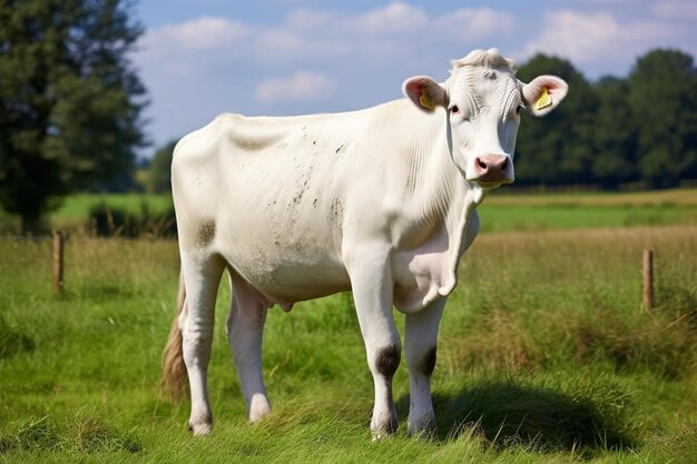 een witte koe die bovenop een weelderig groen veld staat