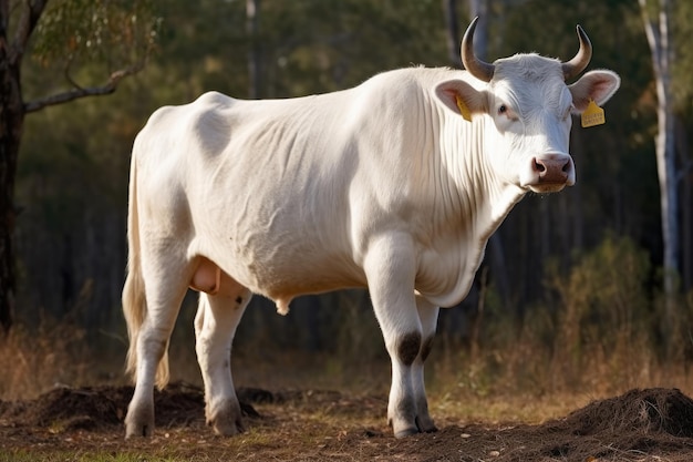 Een witte koe met hoorns staat in een veld.