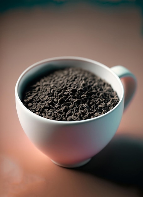 Een witte koffiebeker met zwarte koffiebonen erin.