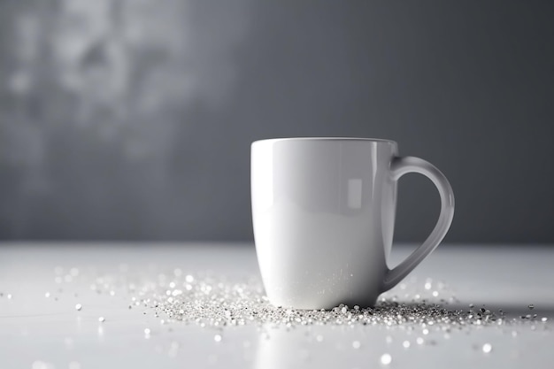 Foto een witte koffiebeker zit op een witte tafel met kleine witte ballen erop.