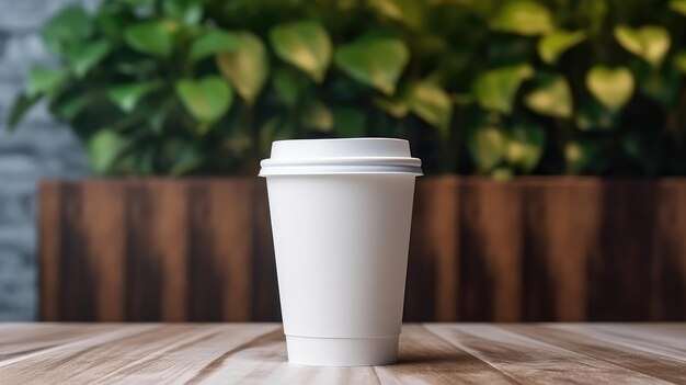 Een witte koffiekop met deksel staat op een houten tafel voor een groene plant.