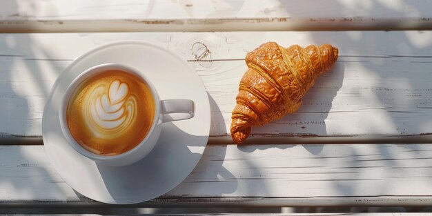 Foto een witte koffiekop met een hartontwerp zit op een houten tafel naast een croissant