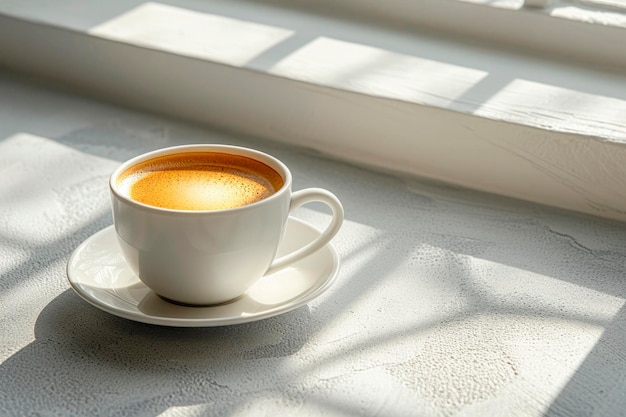 Een witte koffiekop met een witte schotel zit op een tafel