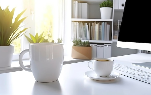 Een witte koffiemok en een witte koffiemok staan op een bureau in een kantoor.