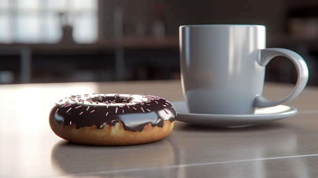 Een witte kop en een donut op een tafel naast een witte kop.