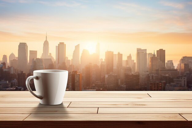 Een witte kop koffie thee staat op een houten tafel op een balkon vensterbank met uitzicht op de ochtend of avond metropool wolkenkrabbers een heldere zonnige hemel