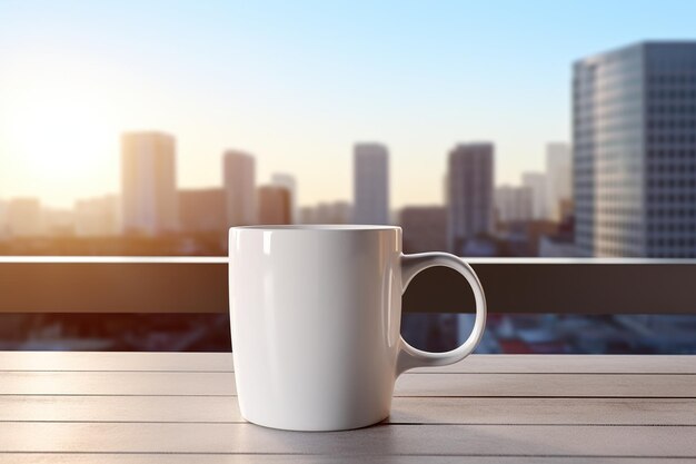 Een witte kop koffie thee staat op een houten tafel op een balkon vensterbank met uitzicht op de ochtend of avond metropool wolkenkrabbers een heldere zonnige hemel