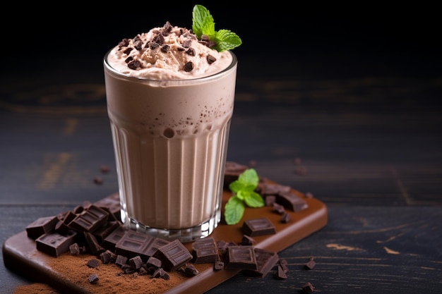 Een witte kop milkshake met chocoladensiroop en chocoladsiroop