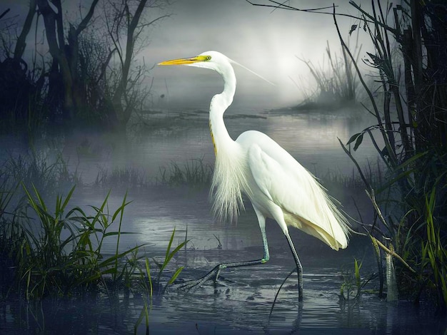 een witte kraan staat in een vijver met een weerspiegeling van bomen in het water