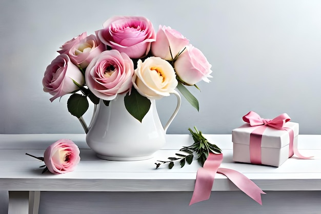 Een witte kruik met roze rozen staat op een tafel met een geschenkdoos ernaast.