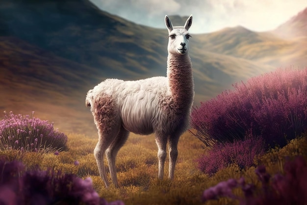 Een witte lama graast gras op de door AI gegenereerde berg