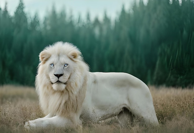 Een witte leeuw met blauwe ogen zit in een veld.